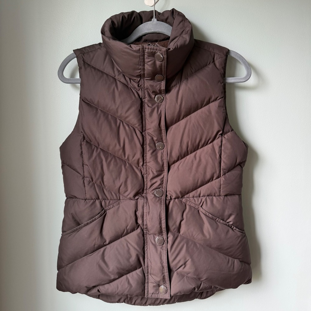 J. Crew Down Puffer Vest XS Chocolate Brown Fleece Trim Chevron Quilted Full Zip